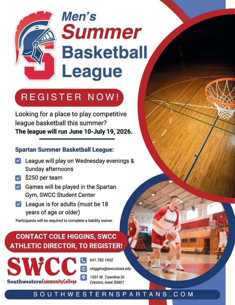 swcciowa's tweet photo. Register NOW for the SWCC Men's Summer Basketball League! Games will be on Wednesday evenings &amp; Sunday afternoons at the Student Center gym. https://t.co/mdRGARdc9T https://t.co/0w1EqkgxUC