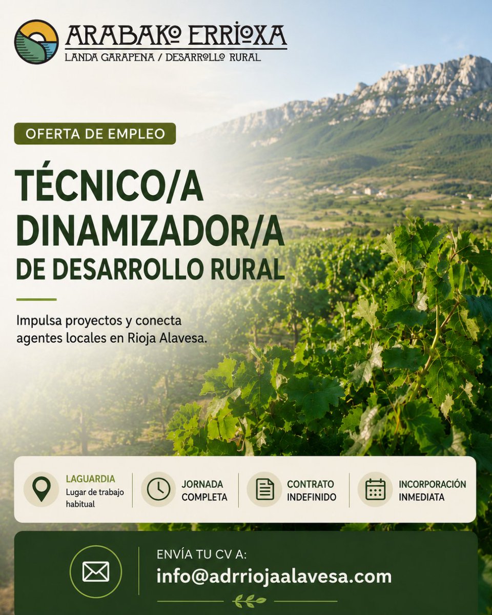 ADRriojaalavesa's tweet photo. Landa Garapeneko teknikari dinamizatzaile baten bila gabiltza. Buscamos Técnico/a Dinamizador/a de Desarrollo Rural. 
📍  Laguardia 
Kontratu mugagabea / Contrato indefinido 
 CV: info@adrriojaalavesa.com https://t.co/sGdH7iB9l9