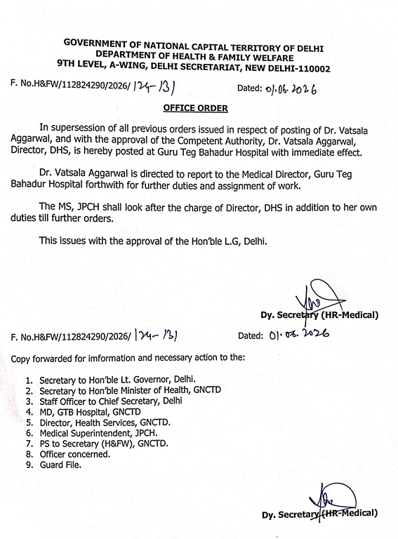 ANI's tweet photo. Dr Vatsala Aggarwal, Director General of Health Services (DGHS), has been transferred to Guru Teg Bahadur Hospital. https://t.co/8ZprvIokcV