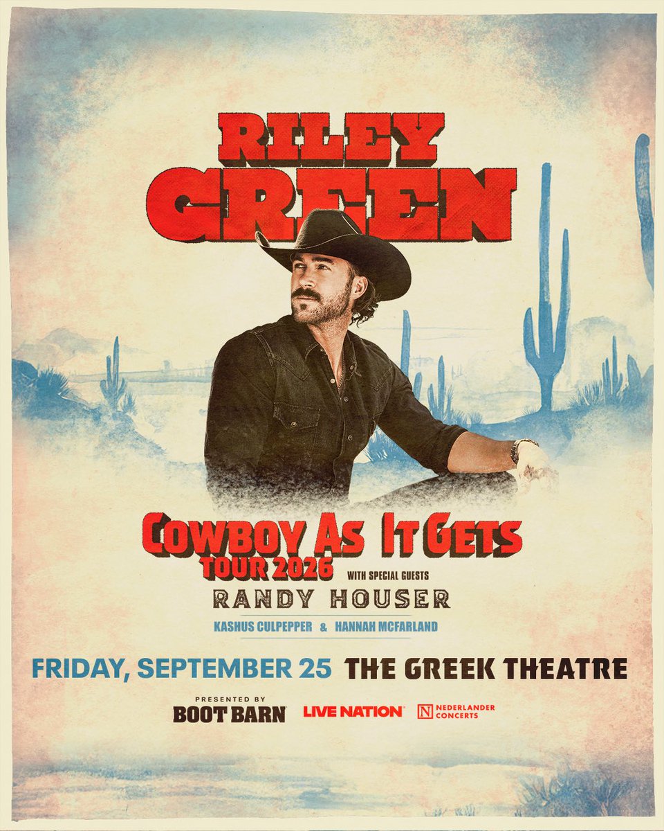 NederlanderLive's tweet photo. YEEHAW 🌵 It's a country summer at the @Greek_Theatre when @RileyGreenMusic takes over on September 25th!

Tickets go on sale this Friday at 10am: https://t.co/3TPuZ2CgT7 https://t.co/2YOQvZS8GW