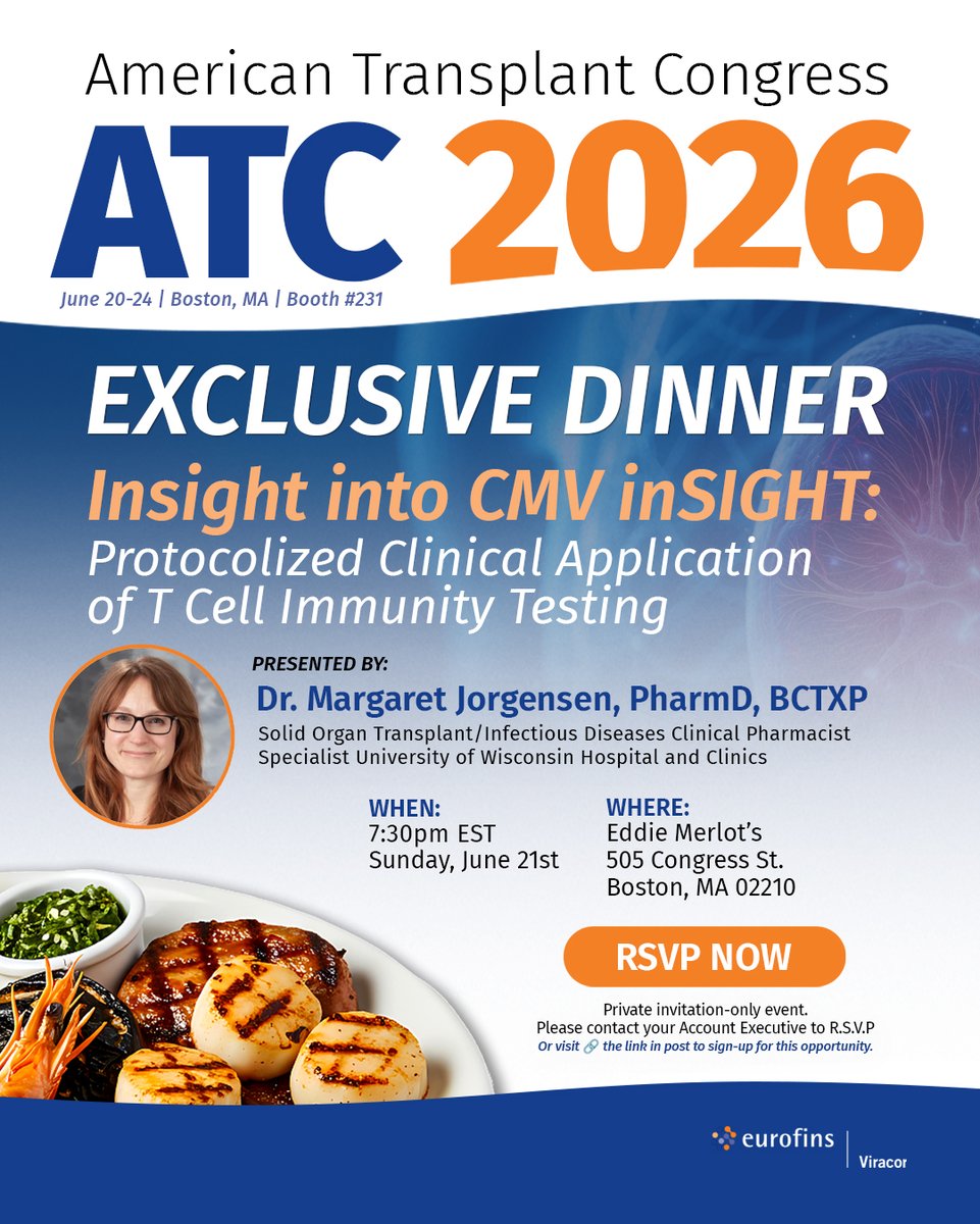 eurofinsviracor's tweet photo. Are you attending #ATC2026 in Boston this year? Join us for our exclusive educational dinner experiences designed to bring together great minds, meaningful conversation, and exceptional cuisine.

Kick off the week ⚽ with us on Sunday, June 21 at Eddie Merlot’s, where you’ll enjoy an unforgettable evening of chef-driven dining, valuable peer connections, and insightful discussion.

This is more than dinner, it’s an opportunity to collaborate with fellow clinicians and Viracor  scientists, exchange perspectives, and discover new ways to elevate patient care.

We are honored to feature Dr. Margaret Jorgensen, presenting: Insight into CMV InSIGHT™: Protocolized Clinical Application of T Cell Immunity Testing.

Space is limited, RSVP today to secure your seat at the table. https://t.co/Ujk06JAyCM

🗓️ SUN, June 21 | 7:30pm | Dinner & Presentation
🍽️ Eddie Merlot’s, 505 Congress St., Boston, MA
 
#ATC2026boston #CMV #CMVawarenessMonth #StopCMV #MedTwitter