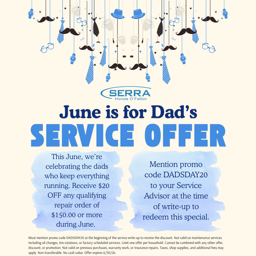 SerraOFallon's tweet photo. 🎉 Happy Dad's Month! 🎉

Celebrate Dad all month long with an amazing offer at Serra Honda O'Fallon! Stop by and see how much you can save on your next vehicle or service visit. Don't miss out; this deal is one Dad would definitely approve of! 👔🚗 https://t.co/7WiwRsH56d