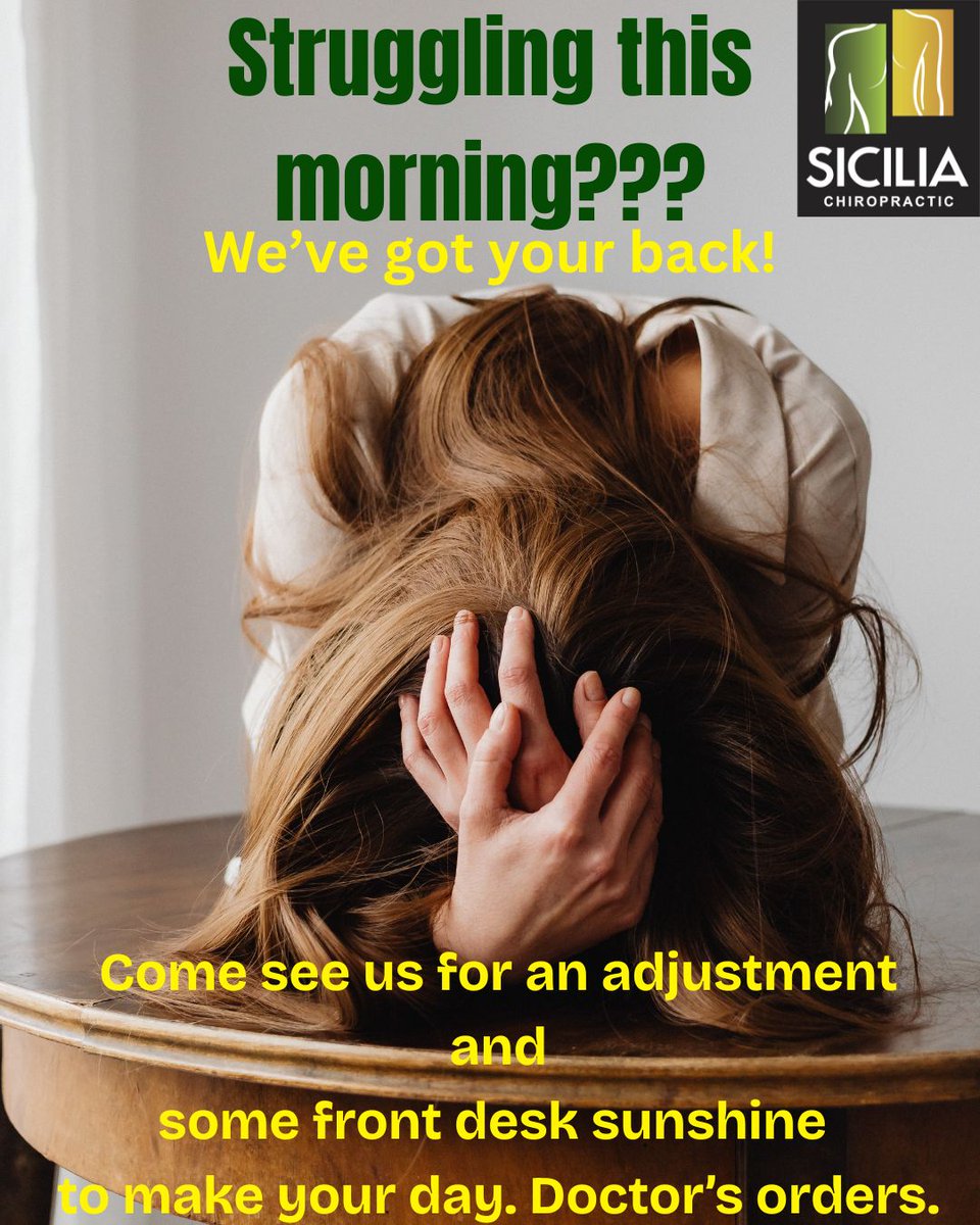 SICILIACHIRO's tweet photo. OPEN 9am-1pm, 3pm-6pm
Monday blues? Crazy weekend with a broken dishwasher and dryer you can't fix? Dog pulled you into a fence post? Yeah, we understand. While we can't fix any of that, we do have your back! Come on in for an adjustment and some front desk sunshine! Doc's orders https://t.co/rNSYYZJ5mA