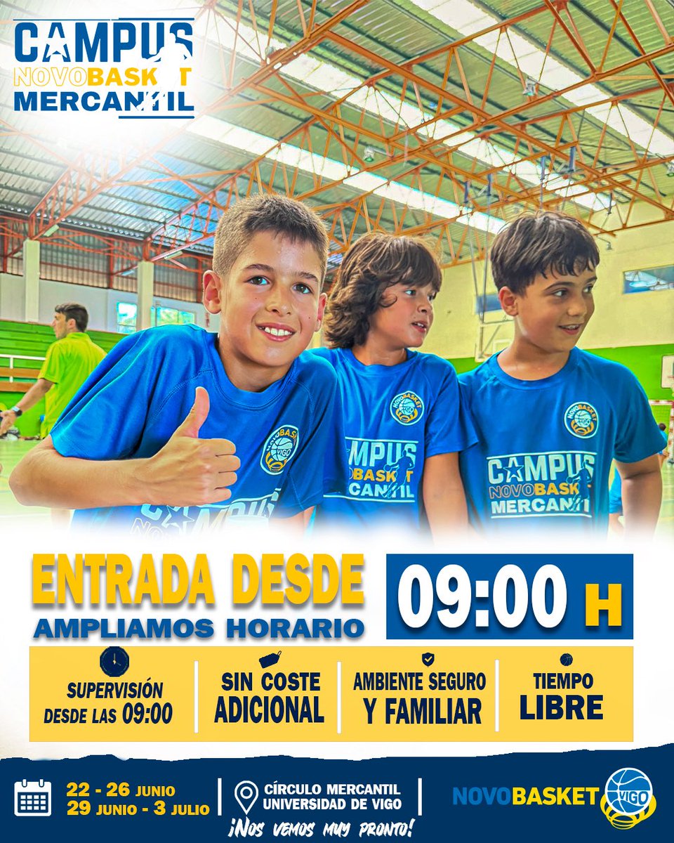cnovobasketvigo's tweet photo. 💛 ¡NOVEDAD EN EL CAMPUS NOVOBASKET! 🏀

🕘 Apertura desde las 9:00h para facilitar la conciliación familiar.

✅ Sin coste adicional
✅ Entrenador/a presente
✅ Tiempo libre supervisado

📅 22-26 junio

🔥 ¡Últimas plazas disponibles!

#CampusNovobasket #VamosNovo https://t.co/a4n3tfKXB7