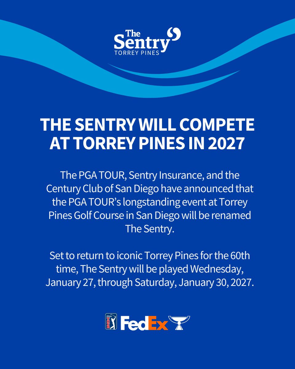 TheSentry's tweet photo. A new era begins at Torrey Pines⛳️ 

In January 2027, San Diego’s @PGATOUR  event returns for its 75th year in the city and 60th year at iconic Torrey Pines Golf Course — now as @TheSentry.  

With the support from @SentryInsurance  and the operational team, Century Club of San Diego, this world-class tradition continues with a shared commitment to golf, community impact, and creating opportunities for San Diego’s youth.  

Torrey Pines Golf Course | January 27–30, 2027