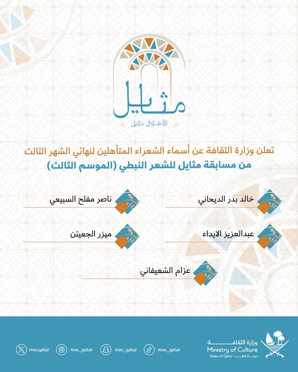 MOCQatar's tweet photo. تعلن وزارة الثقافة عن أسماء الشعراء المتأهلين لنهائي الشهر الثالث من مسابقة مثايل للشعر النبطي (الموسم الثالث) https://t.co/hzfGFGUHIN