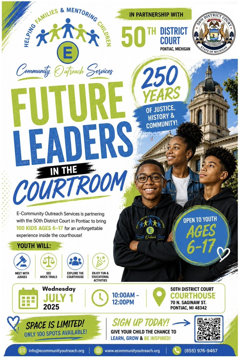 MISupremeCourt's tweet photo. PONTIAC - As part of the 50th District Court’s Celebration of America’s 250th Anniversary, E-Community Outreach Services and the Court will host a special Courthouse Visit for Kids! Space is limited, registration required: https://t.co/1zHtrv7kAu #America250 #MIJudicialOutreach https://t.co/dtYf17HuA1