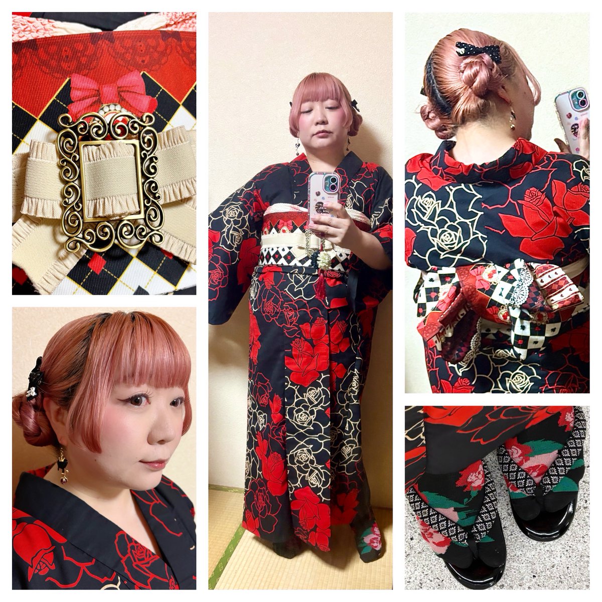 angel_hinabun's tweet photo. #今日の浴衣 薔薇 注染 #浴衣 にハートの女王②半幅帯を三重紐でリボン結び。

ꫛꫀꪝ 浴衣🌹 #麻のハ堂
帯 bonita
リボンベルト #sha_lan_ra
ヘアリボン・ネイルチップ SHEIN
ピアス🖤 秋人MADE 

オバブロリドチャンだって言われた浴衣🤣 https://t.co/Xv8knAqVsl