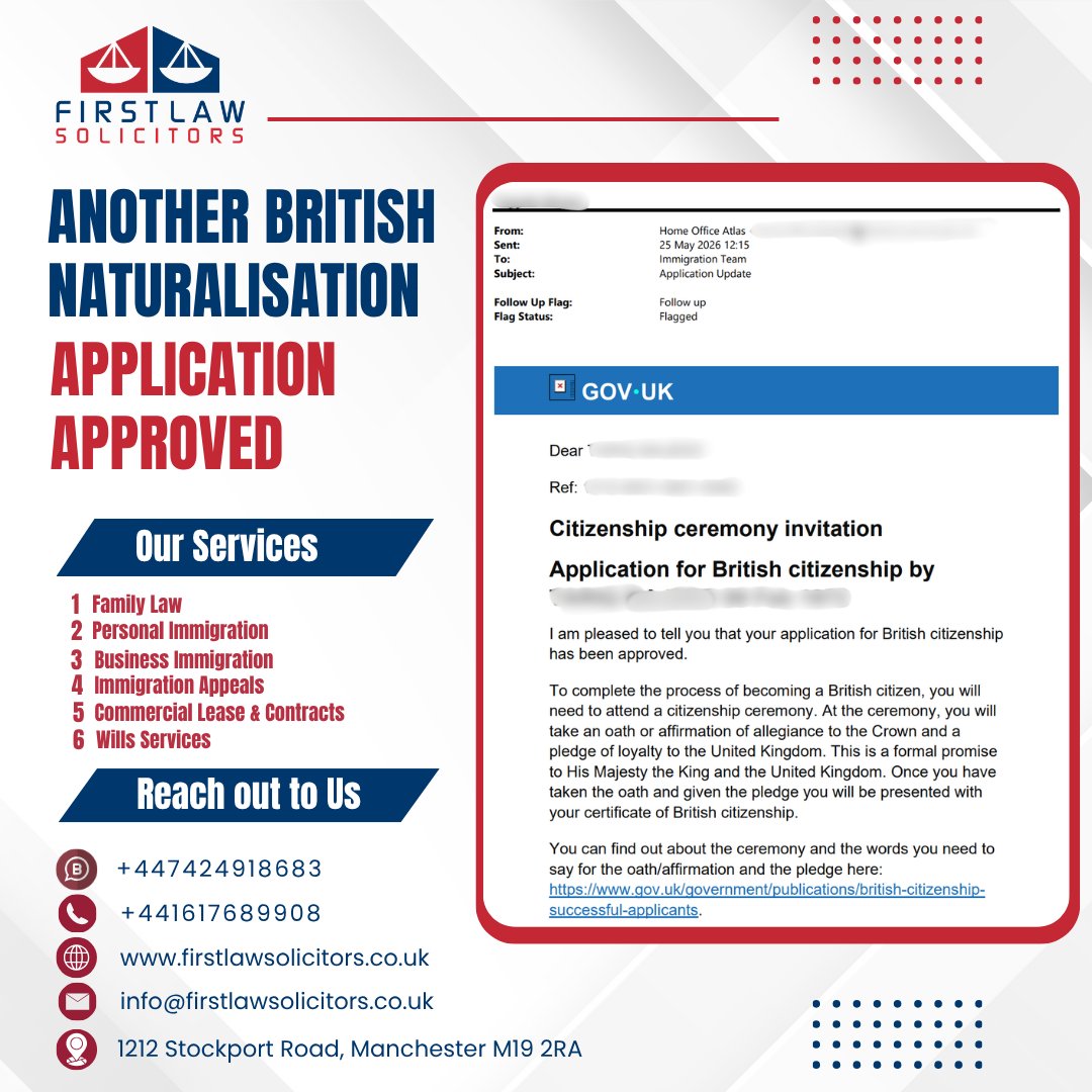 FirstLawSolicit's tweet photo. British Naturalisation Approved Despite Criminal Conviction History

At FLS, we assist clients with complex nationality and immigration matters with careful preparation, strategic advice, and strong legal representations.

#FirstLawSolicitors #BritishNaturalisation #British #UK https://t.co/S6MJYIouHG