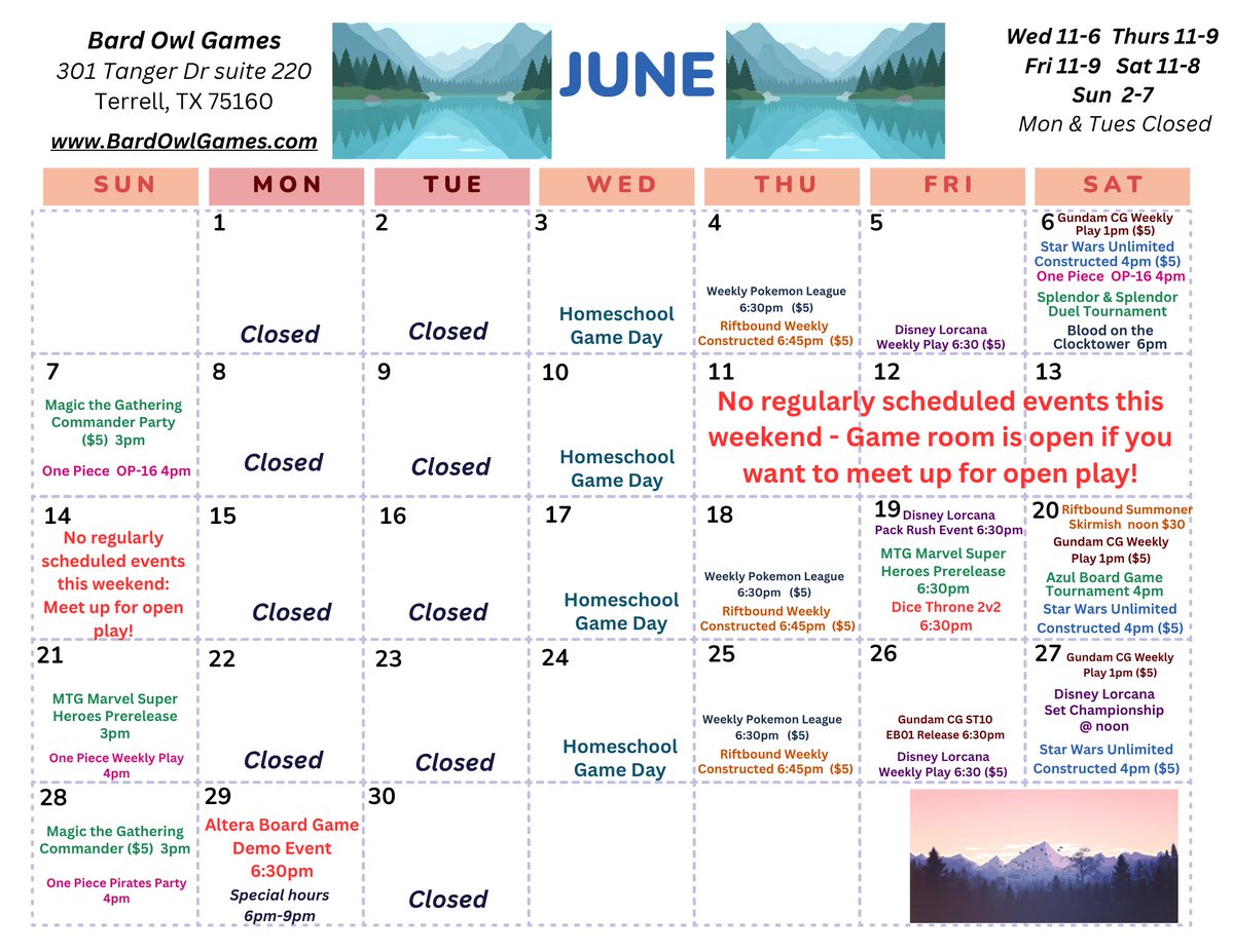 owl_bard's tweet photo. June!! Can you believe it? Welcome to the beginning of Summer Breaks! Be sure to check out all the amazing things we have in store this month.
Remember, our game room is open when we are...If there's an open table, there's space for you!
#BardOwlGames #ShopsatTerrell https://t.co/mKdfu6FbK0
