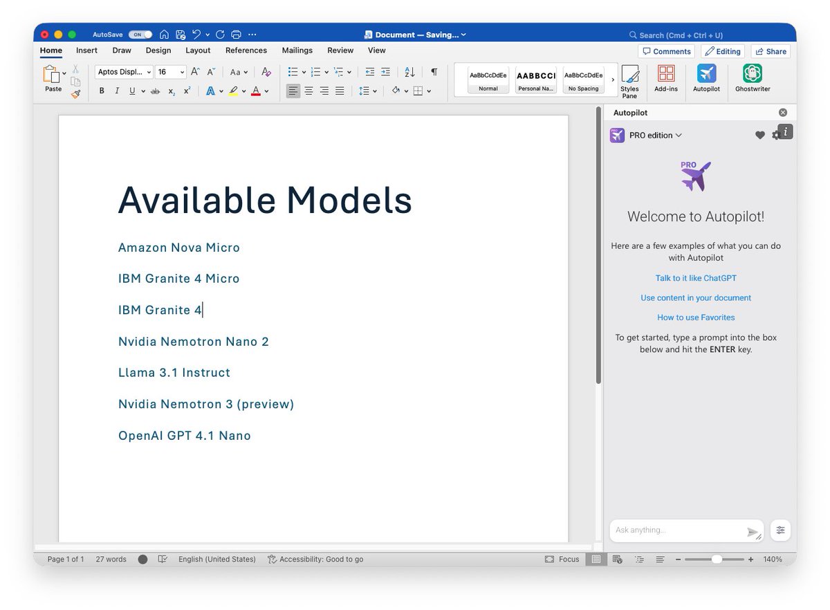 patrickhusting's tweet photo. Pay $50 once, and you have unlimited access to great models right from within #MicrosoftWord.  NO SUBSCRIPTIONS!

1. Tap the ADDINS button within #Word

2. Search for "Autopilot" and click ADD

3. You're welcome

Learn more at https://t.co/Sq5qgz89zu

#openai #chatgpt #copilot #gemini #claude