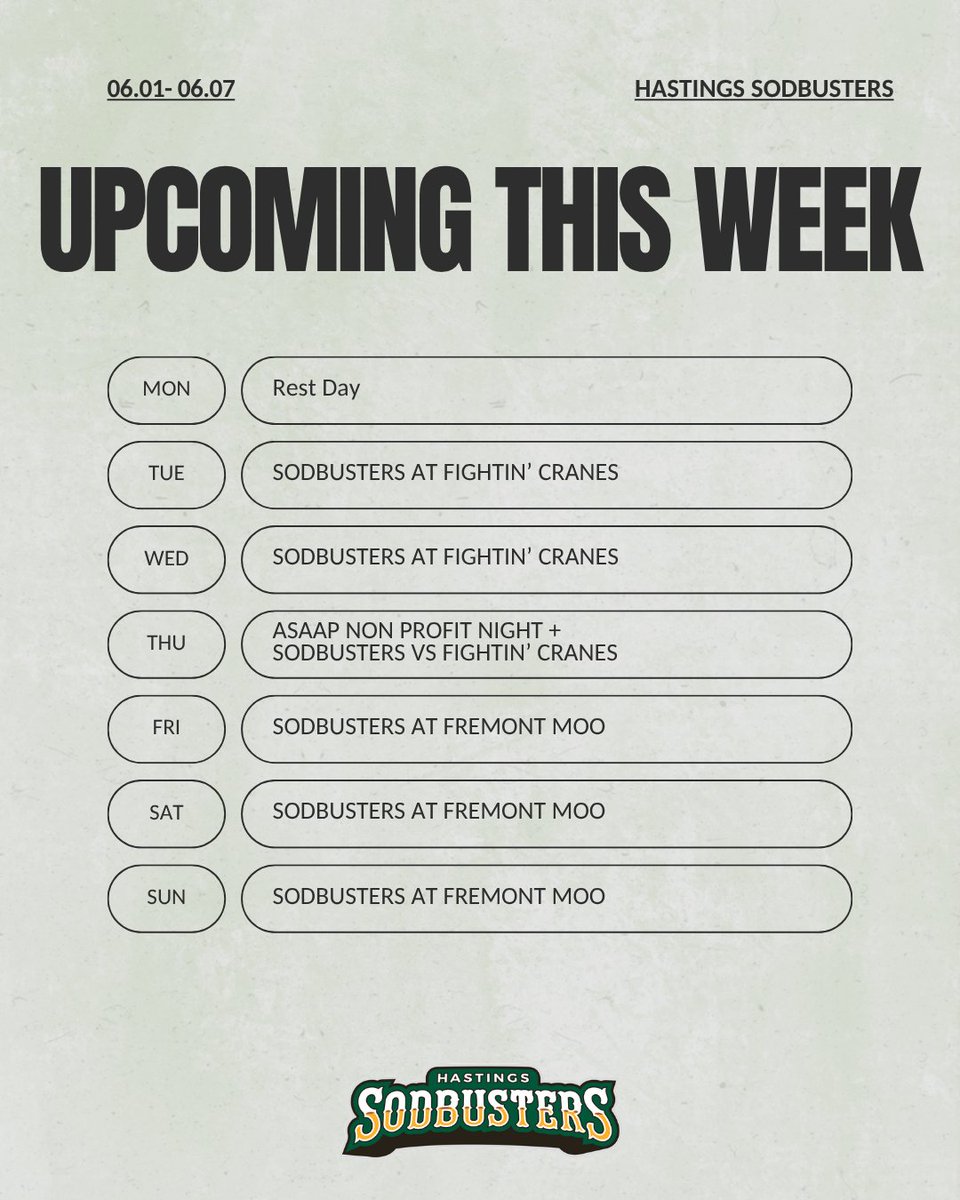 GoSodbusters's tweet photo. Looking ahead at the Sodbusters week it is going to be a busy one! Make sure to use code ASAAP604 for our nonprofit night this week and buy your tickets now https://t.co/Tz6fb8Iw5S https://t.co/duYnAqSnkD