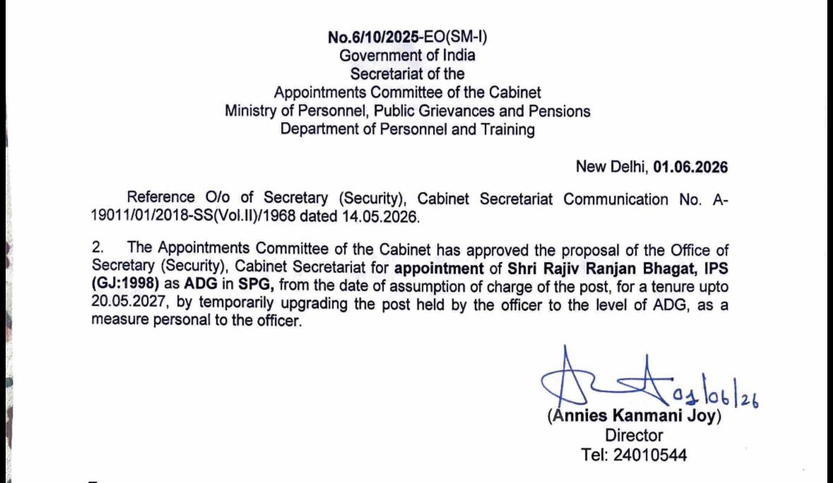 CSSforum_'s tweet photo. The Appointments Committee of the Cabinet (ACC) has approved several key appointments and service-related decisions:

🔹 Shri Rajiv Ranjan Bhagat, IPS (GJ:1998) appointed as ADG, SPG up to 20.05.2027.

🔹 Shri Sanjay Singhal, IPS (UP:1993), DG, SSB granted Apex Pay Scale (Level-17) w.e.f. 01.06.2026.

🔹 Shri Mahatme Sandeep Namdeo, IAS (TR:2010), Joint Secretary, MHA granted one-year extension in central deputation tenure.

🔹 Shri Vidhi Kumar Birdi, IPS (AGMUT:2003) appointed as Inspector General, CRPF on central deputation.

🔹 Shri Ram Singh, IAS (AM:2008), Joint Secretary, Ministry of Minority Affairs, granted curtailment of deputation tenure to join as Secretary, Sports Authority of India.

🔹 Shri Sanjay Chilwarwar, IRSSE (1997), Joint Secretary, Department of Social Justice & Empowerment, prematurely repatriated to his parent cadre on personal grounds.

#ACC #Appointments #DoPT #CivilServices #IAS #IPS #SPG #CRPF #SSB #GovernmentOfIndia
