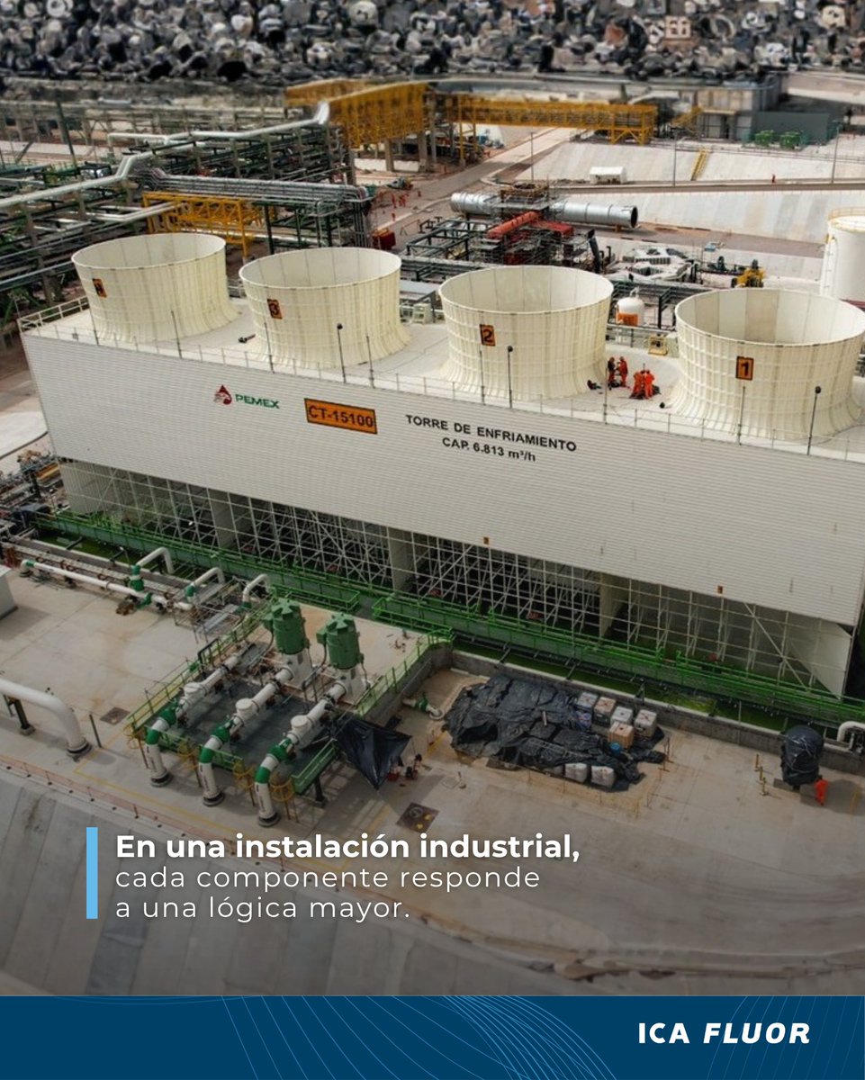 ICA_Industrial's tweet photo. En una instalación industrial, cada elemento visible responde a una lógica de integración. La torre de enfriamiento no es aislada, sino parte de un sistema que exige operación ordenada, continua y eficiente. ¿Qué componente consideras clave para su desempeño? #ICAFluor#Ingeniería https://t.co/csiISVKibf