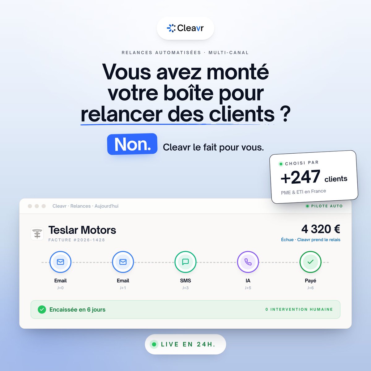 CleavrHQ's tweet photo. Spoiler : vous n'avez pas monté votre boîte pour faire du recouvrement. Cleavr le fait à votre place. https://t.co/khTpkFFsiF