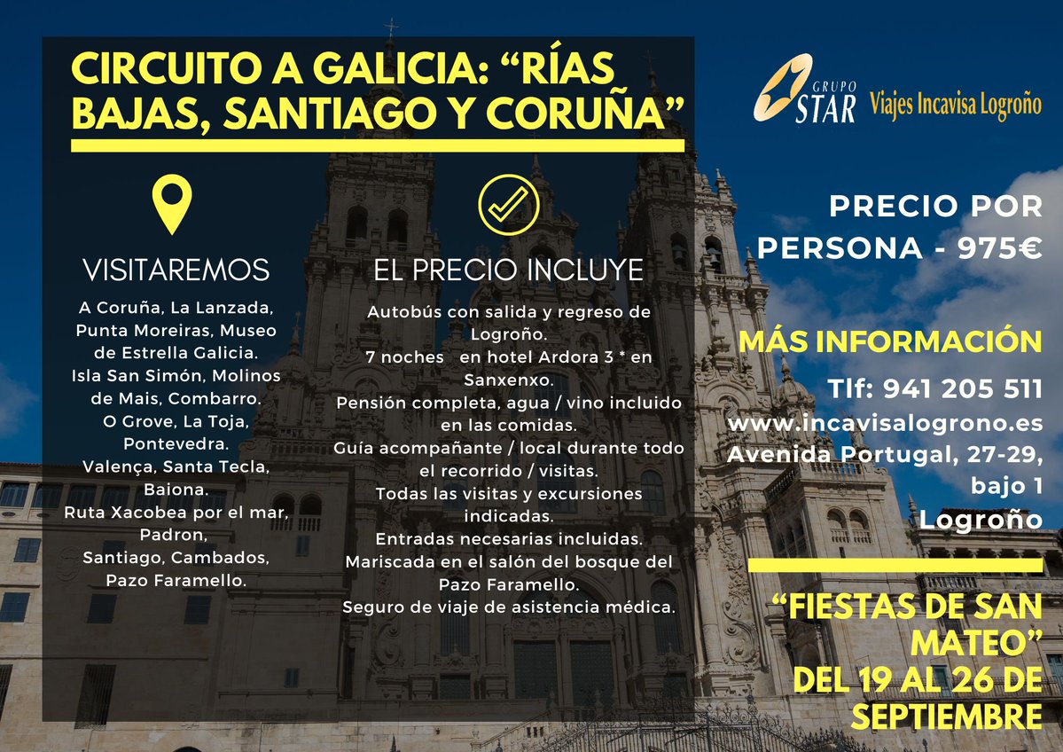 ViajesIncaLogro's tweet photo. ✨ Galicia te espera este septiembre ✨

💚 Del 19 al 26 de septiembre, aprovecha las Fiestas de de San Mateo para disfrutar de un circuito exclusivo por Rías Baixas, Santiago de Compostela y A Coruña.

¿Te vienes?

#viajesincavisalogroño #galicia https://t.co/i7DG6aj1ja
