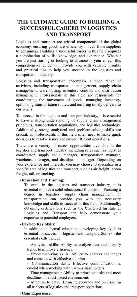 dansatty's tweet photo. I know this might be cruise. But after studying Transport Management, what next? How do you move from the classroom to building a successful and rewarding career in the industry?

I recently addressed this question while delivering a lecture to graduating students of Transport and Logistics Management at Olabisi Onabanjo University (OOU) on “Building a Successful Career in Transport and Logistics Management.” The attached summary highlights some practical steps, skills, and strategies needed to thrive in the profession.

I hope it helps.