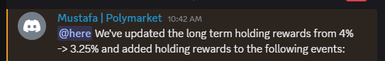 probaaron's tweet photo. @Polymarket just cut long-term holding rewards from 4% to 3.25%

now matches @Kalshi’s 3.25% APY on paper

but Kalshi pays on your whole portfolio - cash + open positions - while Poly only covers a small subset of long-dated markets

edge goes to Kalshi here https://t.co/igIblQYkvZ