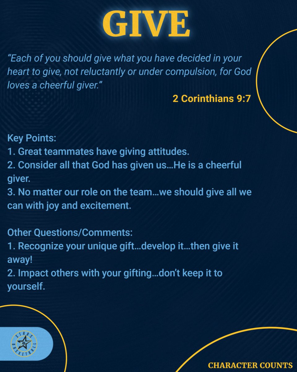 StarsBballClub's tweet photo. You've heard it is better to give than receive. Why is that true? Cultivating a generous mindset helps us align with the example of Jesus. 

He came "not to be served, but to serve." (Matt 20:28). 

Are you giving as God has sacrificially given to you? If not, start giving today! https://t.co/wZVLHhYHaJ