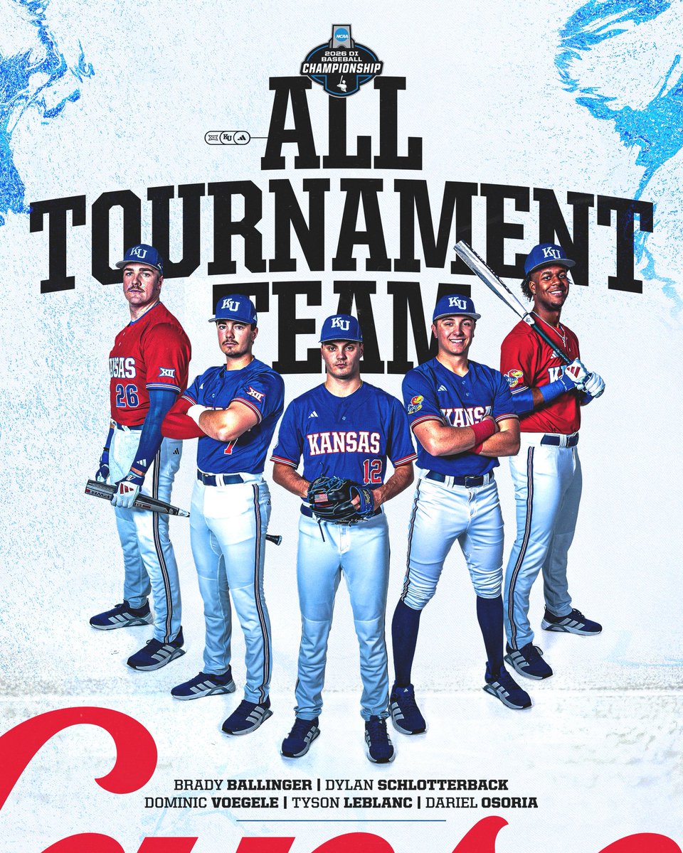 KUBaseball's tweet photo. The Lawrence Regional All-Tournament Team 🏆

🔴 @brady_ballinger 
🔵 @SavageD99 
🔴 @VoegeleDominic 
🔵 @_TysonLeBlanc 
🔴 @DarielOsoria_23 https://t.co/klcvv5WMBQ