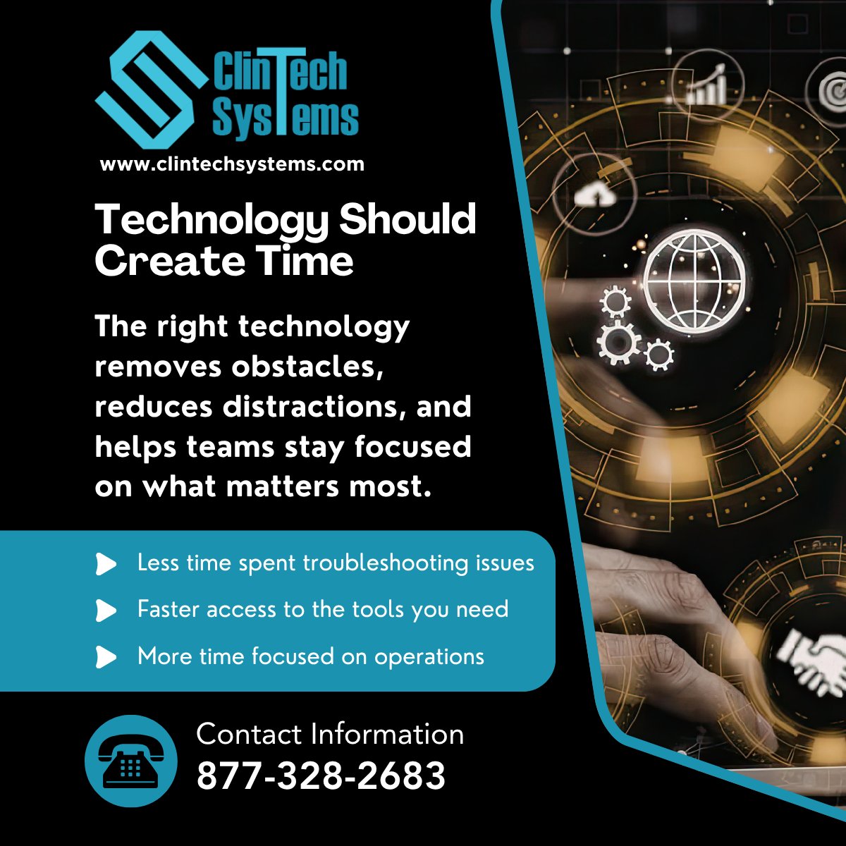 ClintechSystems's tweet photo. Technology Should Create Time

• Less time spent troubleshooting issues
• Faster access to the tools you need
• More time focused on operations

📞 877-328-2683
✉ support@clintechsystems.com
🌐 https://t.co/m4vtxekUFw

#ManagedIT #HealthcareTechnology #Productivity https://t.co/CSGie2upTO