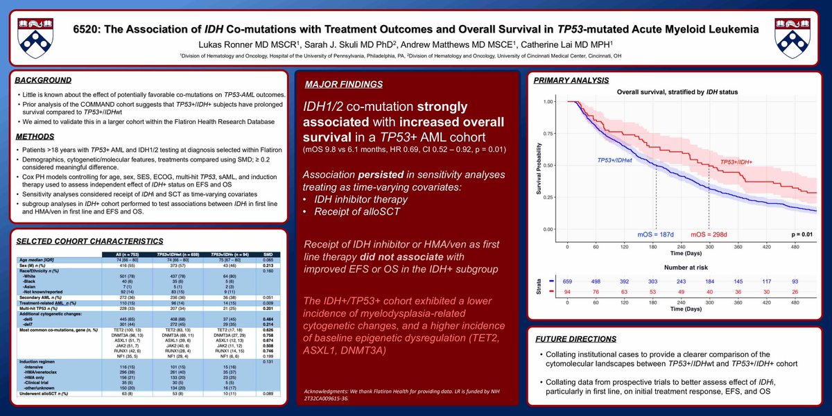 TalhaBadarMD's tweet photo. #ASCO26  Poster: TP53-IDH co-mutated AML

In a large real-world cohort (n=753), co-mutation with IDH1/2 was associated with significantly improved overall survival in patients with TP53-mutated AML.

🔹 TP53+/IDH+ (n=94) vs TP53+/IDHwt (n=659)
🔹 Median OS: 9.8 vs 6.1 months
🔹 HR 0.69 (95% CI 0.52–0.92), p=0.01
🔹 Benefit remained significant after accounting for IDH inhibitor therapy and allo-HCT as time-varying covariates

Interestingly, first-line IDH inhibitor therapy or HMA/venetoclax did not independently improve EFS or OS within the IDH+ subgroup.

The TP53+/IDH+ cohort demonstrated distinct biology, with fewer MDS-related cytogenetic abnormalities and greater enrichment of epigenetic regulator mutations (TET2, ASXL1, DNMT3A).

These findings suggest that IDH co-mutation may define a biologically distinct subset of TP53-mutated AML with a comparatively favorable prognosis, warranting further molecular and prospective investigation.

#AML #Leusm #TP53 #IDH1 #IDH2  #ASCO26