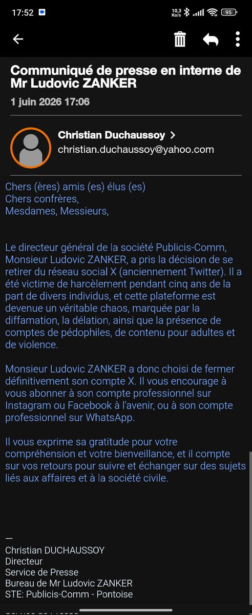 Franck_LSN's tweet photo. Tiens !
Des news de Ludo le #mytho !
C'est au moins la 10ème fois qu'il m'envoit ce genre de mail pour me dire qu'il quitte X définitivement.
Et quelques jours après, il revient avec un nouveau compte.
Alors, à dans quelques jours Ludo... 😉 https://t.co/D6qftQqhx3