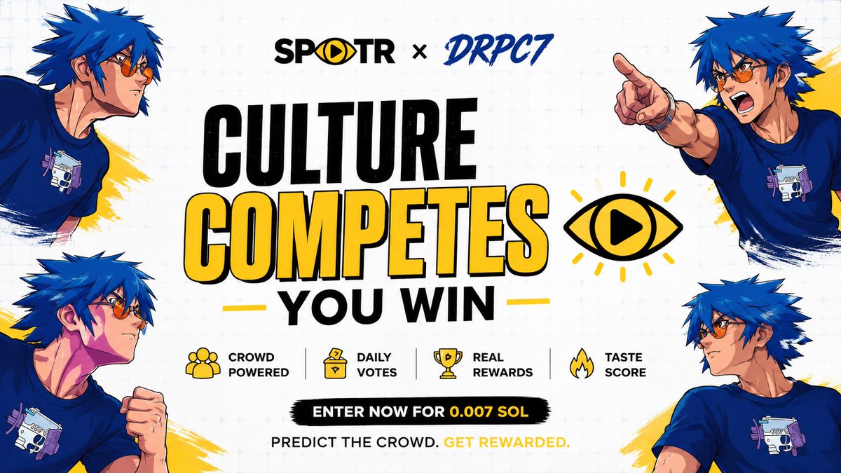 DRPC777's tweet photo. We’ve traded memes.

We’ve traded narratives.

Now we’re trading taste.

@spotrTV turns culture into an on-chain game where the crowd decides what wins.

Your job? Predict the consensus.

The closer your picks are to the crowd, the better your rewards.

Season 1 is live.
Entry: 0.007 SOL.

Let’s see who actually understands the internet.

Start below (and tell me if you want to join my group )

https://t.co/Wu64yMCeRf