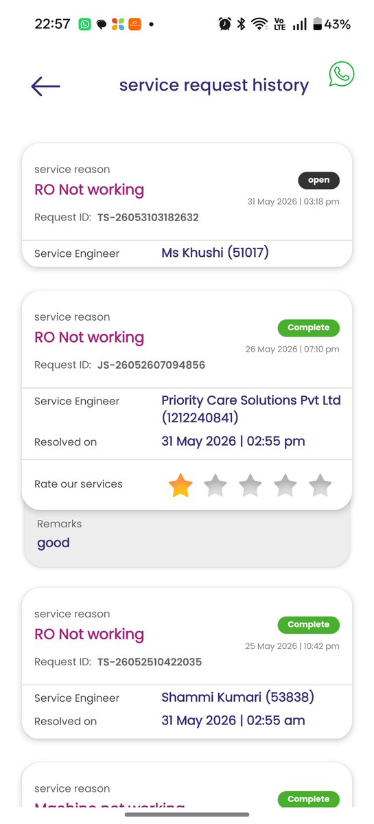 akash071's tweet photo. @LivpureSmart  tech came after 1 week of following..and that dumb fellow has no idea what he was doing..RO stopped again and his contact was out of service. And 2nd tkt also raised and assigned to ms Khushi but no response from her even after 2 days https://t.co/2ZMLYiuqVt
