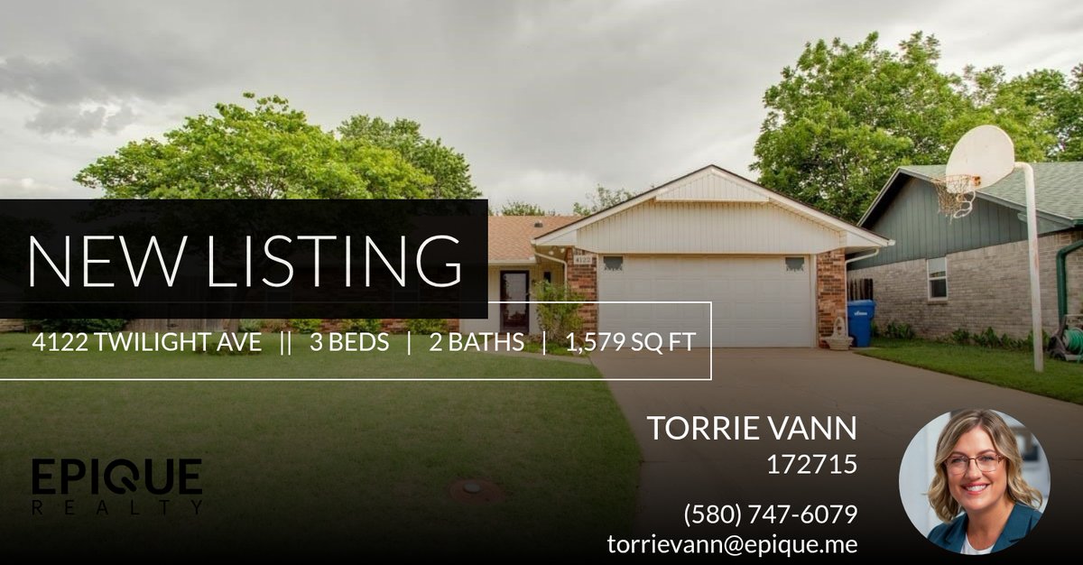 RealtorTorrie's tweet photo. 📍 New Listing 📍 Take a look at this fantastic new property that just hit the market located at 4122 Twilight Ave in Enid. Reach out here or at (580) 747-6079 for more information

Torrie Vann
REALTOR®, CRS
Epique Realty https://t.co/lOdSHyai6O https://t.co/plSZEDTqyo