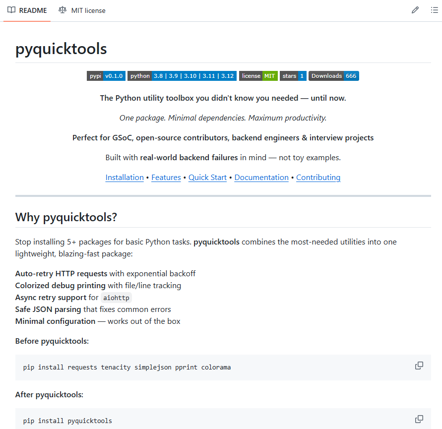 garg__suhani's tweet photo. Few month ago, I published my first PyPI package: pyquicktools
Built to eliminate repetitive Python boilerplate with utilities for retries, async workflows, debugging, and JSON handling.
Would love feedback from developers building real products.
#Python #OpenSource #PyPI https://t.co/S9PIPkPI1L