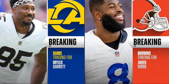 Blitzeando's tweet photo. #NFL intercambio entre #RamsHouse y #DawgPound donde intervienen sus DE´s Myles Garrett y Jared Verse #Blitzeando #News #Football https://t.co/7MWvDphrvP