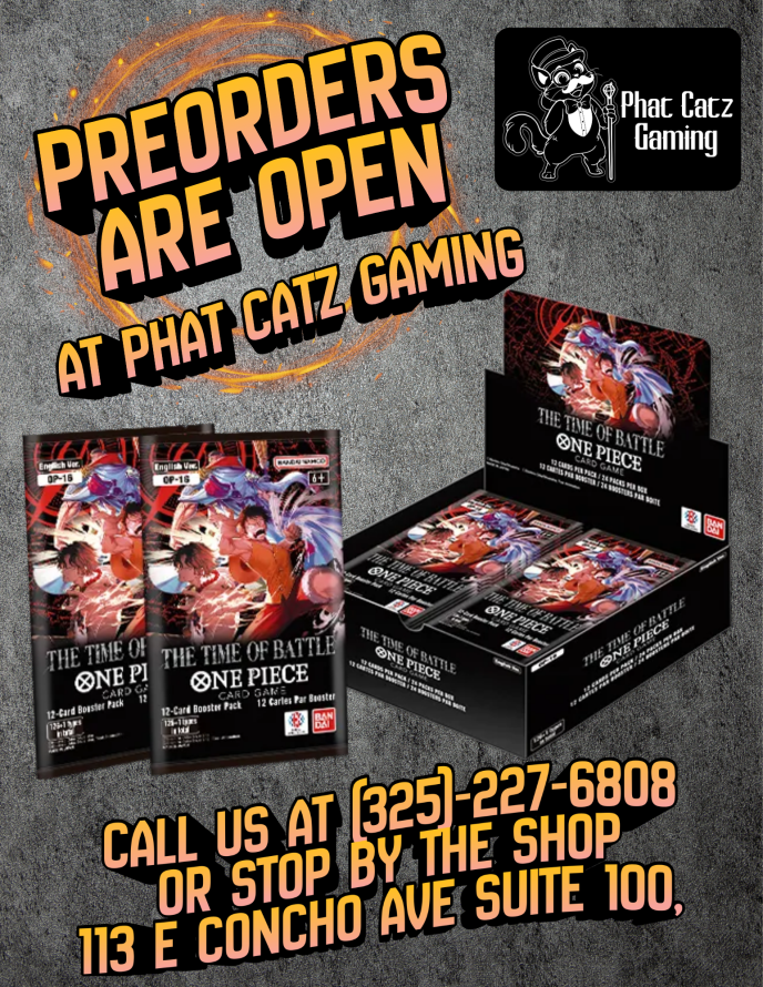 PhatCatzGaming's tweet photo. One Piece players, it’s time!
Preorders are now open for One Piece: The Time for Battle at Phat Catz Gaming!
The set officially releases June 12th, so make sure you lock yours in early.
#PhatCatzGaming #OnePieceCardGame #OnePieceTCG #PreordersOpen #TCGCommunity #SanAngeloTX https://t.co/R7AQpIj4q3