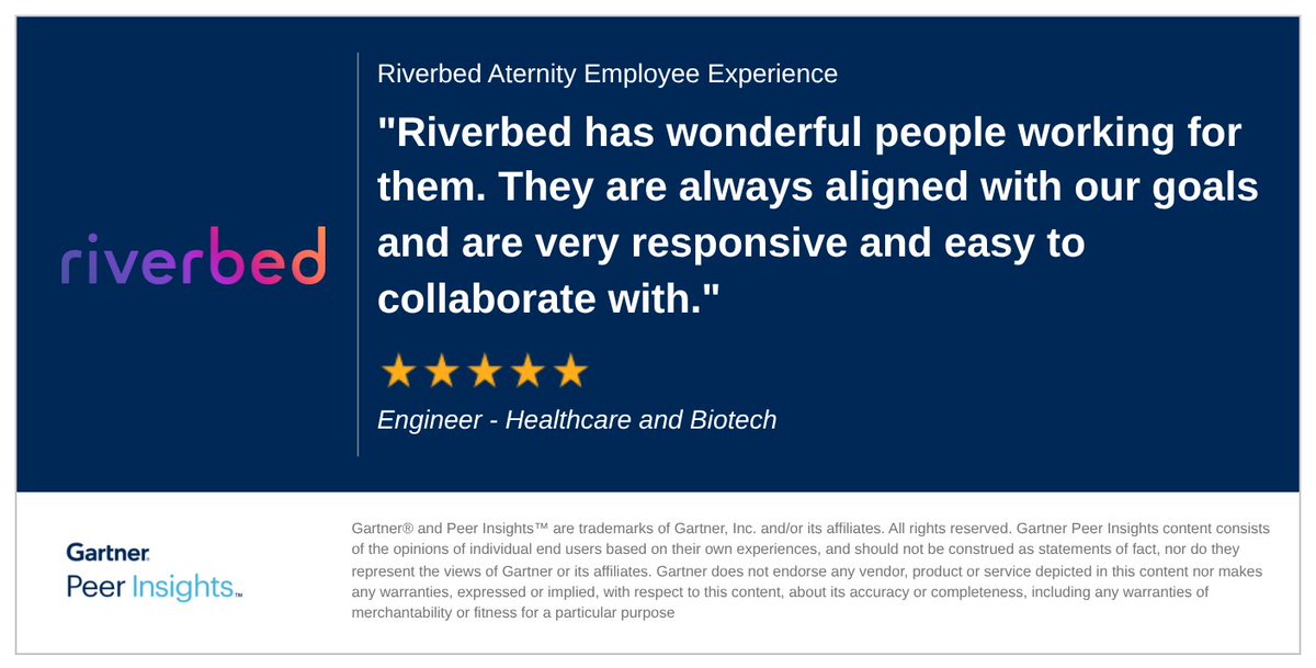 riverbed's tweet photo. An engineer in the Healthcare and Biotech Industry gives Riverbed Aternity Employee Experience 5/5 Rating in Gartner Peer Insights™ Digital Employee Experience Management Tools Market. 

Read the full review here: https://t.co/7xm4FYTHE5 

#GartnerPeerInsights https://t.co/ZvRNjktMtc
