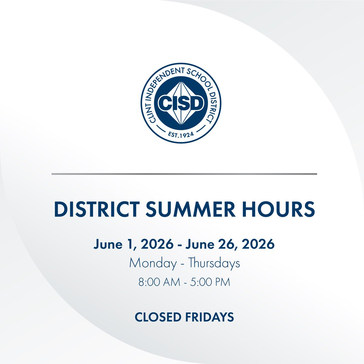 ClintISD's tweet photo. Starting this week, all school district buildings and campuses will be closed on Fridays throughout the month of June.

🕒 June Clint ISD Central Office Hours:

Monday-Thursday: 8:00 AM – 5:00 PM
Friday: CLOSED ❌

Enjoy your extended summer weekends, everyone! 🍉🕶️

#WeAreClintISD