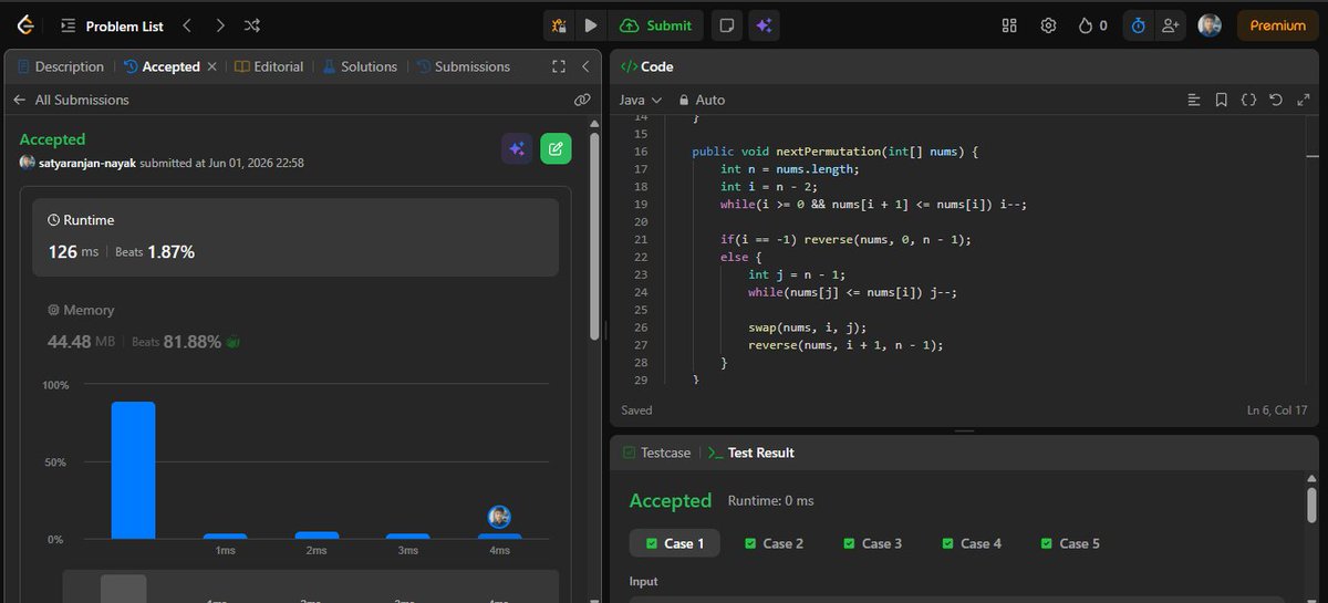 Satya0611's tweet photo. Completed Today's #SDESheetChallenge despite semester pressure! 😅

Learned today:
1. Optimized to O(m*n) to O(1) space using index mapping.
2. Pascal’s Triangle: Used (r-1)C(c-1) formula for O(min(c, r-c)) complexity.
3. Done previously still got a submission error and revised. https://t.co/ARp1EieMET