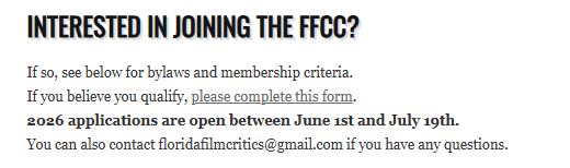 FLFilmCritics's tweet photo. For any interested parties, FFCC membership is open for 2026. We'll be locking this back up in July and getting ready for voting, so feel free to apply if you are a Florida based critic who fulfills the requirements. 

https://t.co/3sHE5KadLE https://t.co/WQGcoPpA3E