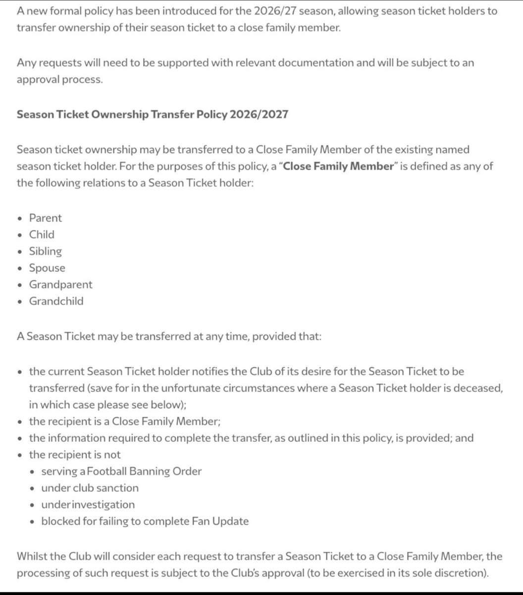 DarrenArsenal1's tweet photo. Liverpool announce new Season Ticket ownership policy in place to transfer to a close family member.

Close Family Member is defined as any of the following relations to a Season Ticket holder:

Parent, Child, Sibling, Spouse, Grandparent & Grandchild.

Good idea and should be considered by Arsenal when we do end up with ST Amnesty one final time, with conjunction of expected ID requirements in due course