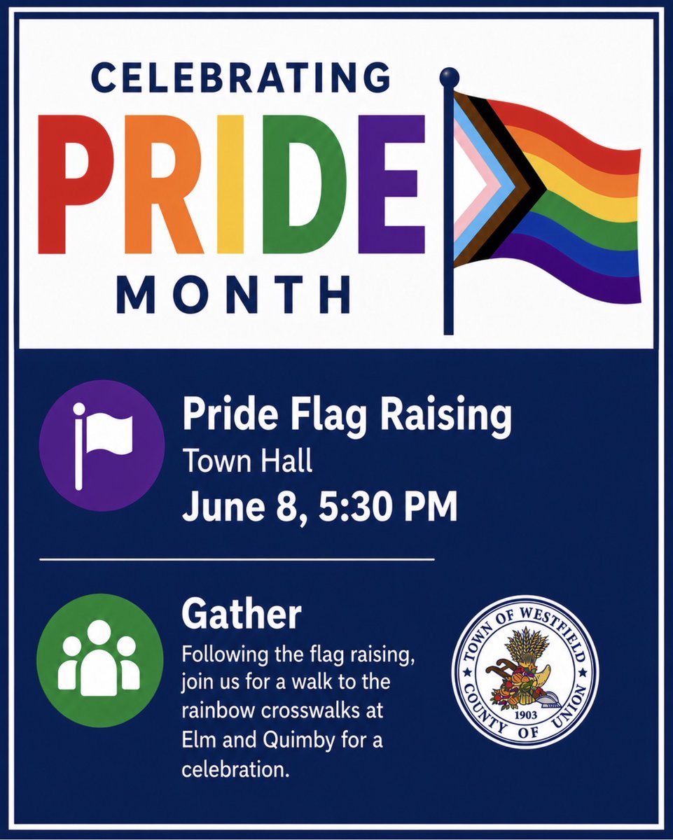 TownOfWestfield's tweet photo. Save the date to celebrate Pride Month on Monday, June 8! 🏳️‍🌈 https://t.co/iFebK2IWy7