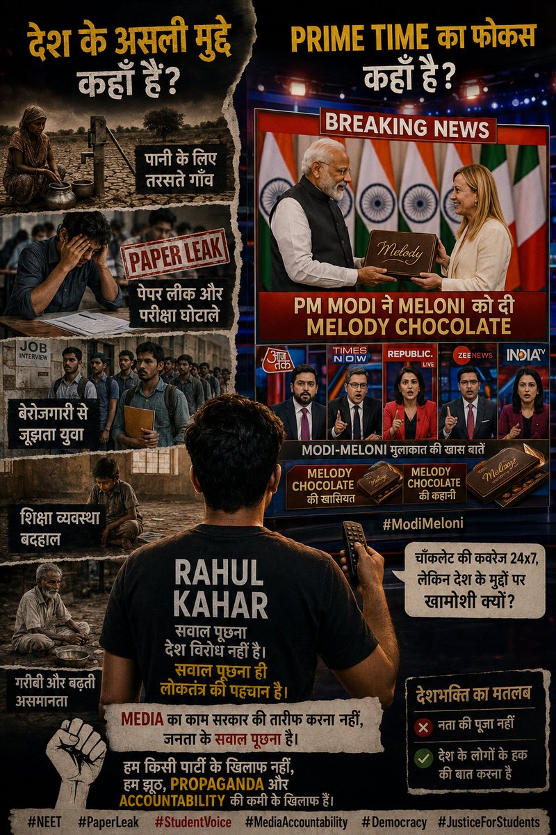 rahoolkahar_90s's tweet photo. Gaon pani ko taras rahe hain.
Students paper leaks se pareshan hain.
Yuva rozgaar dhoond rahe hain.
Lekin prime time ka focus chocolate aur photo-op par hai.
Janta ko tamasha nahi, jawab chahiye.

#NEET #PaperLeak #MediaAccountability https://t.co/qs9qhw4LYu