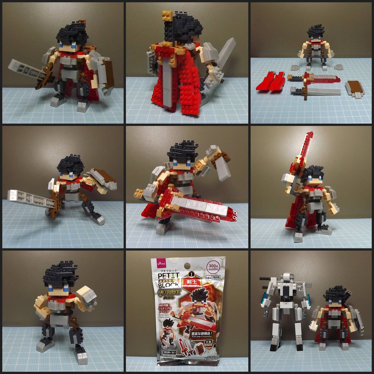 dragtw's tweet photo. #プチブロック レビュー

［剣士］
DX／QUEST(1)
300円アイテム
パーツ数232

大剣と赤いマントの戦士！

少なめながらも可動部あり。
盾や属性剣など複数の装備アイテムが付属、マントや鎧の一部は着脱可能！

レトロなゲームのドット絵を思わせる3頭身フォルムが良いですね！

#PETITBLOCK #ダイソー https://t.co/RVM3n92nRG