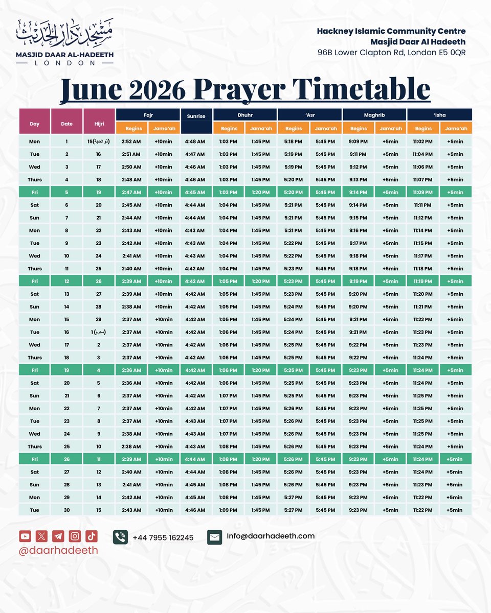 daarhadeeth's tweet photo. 🗓 𝐉𝐮𝐧𝐞 𝟐𝟎𝟐𝟔 (𝐃𝐡𝐮𝐥-𝐇𝐢𝐣𝐣𝐚𝐡 𝟏𝟒𝟒𝟕 &amp; 𝐌𝐮𝐡𝐚𝐫𝐫𝐚𝐦 𝟏𝟒𝟒𝟖) 𝐓𝐢𝐦𝐞𝐭𝐚𝐛𝐥𝐞

ا═•═🕌═•═ا
Masjid Daar Al-Hadeeth
96B Lower Clapton Road, Hackney, E5 0QR https://t.co/I2ZTeGHVRb