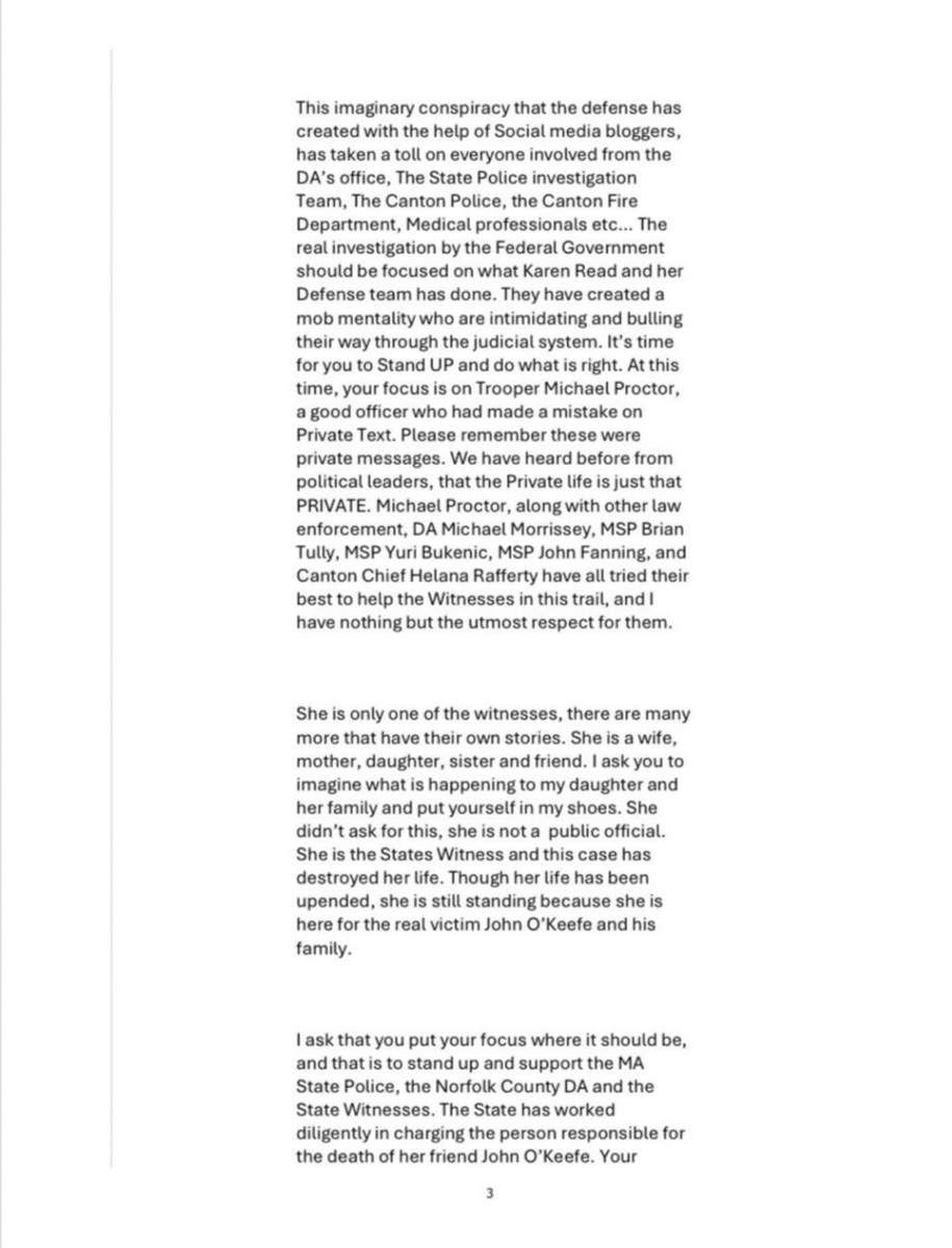 kelly_steffee's tweet photo. 📌Jennifer McCabe's father wants people to believe Karen Read and Aidan Kearney destroyed his daughter's life. But the public didn't create this controversy—the facts, contradictions, and conduct in this case did.

For years, people have been told to stop asking questions, stop looking at the evidence, and stop noticing when stories change. Anyone who does is labeled part of a "mob."

But questioning a homicide investigation isn't harassment. Scrutinizing public testimony isn't intimidation. Demanding accountability from law enforcement and government officials isn't a conspiracy theory.

What's remarkable about this letter is what it doesn't address: the destroyed phones, deleted data, conflicting testimony, federal investigation, Proctor's texts, and the countless issues that caused millions of people to lose confidence in the investigation.

Karen Read and Aidan Kearney didn't create those problems.

The people involved in this case and the decisions they made are what brought this level of scrutiny.

No one deserves threats or harassment. But public criticism and public accountability are not the same thing.

If Jennifer McCabe's life has been turned upside down, maybe the question isn't why people are asking questions.

Maybe it's why there are still so many unanswered ones.