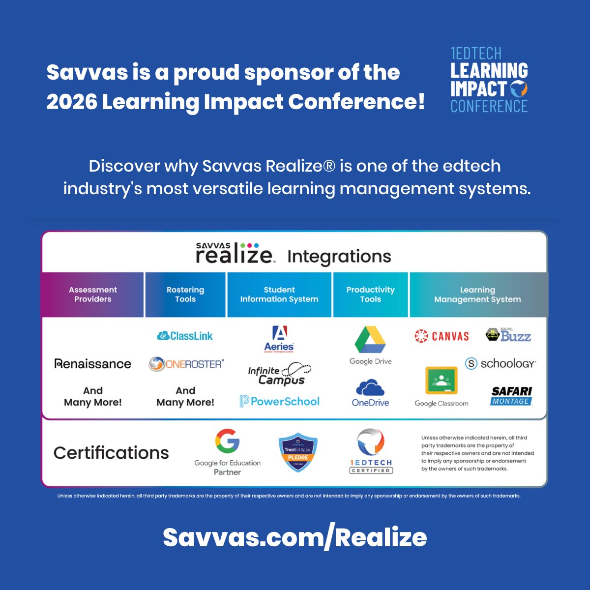 SavvasLearning's tweet photo. 💻 We’re proud to sponsor the 1edTech #LearningImpact2026 Conference, June 1–3! 🌟

Find out why Savvas Realize® is one of the edtech industry's most versatile learning management systems. Let’s connect! 👉 https://t.co/gqMmqu10kY

#EdTech #LMS @LearningImpact https://t.co/I0pGt8FefZ