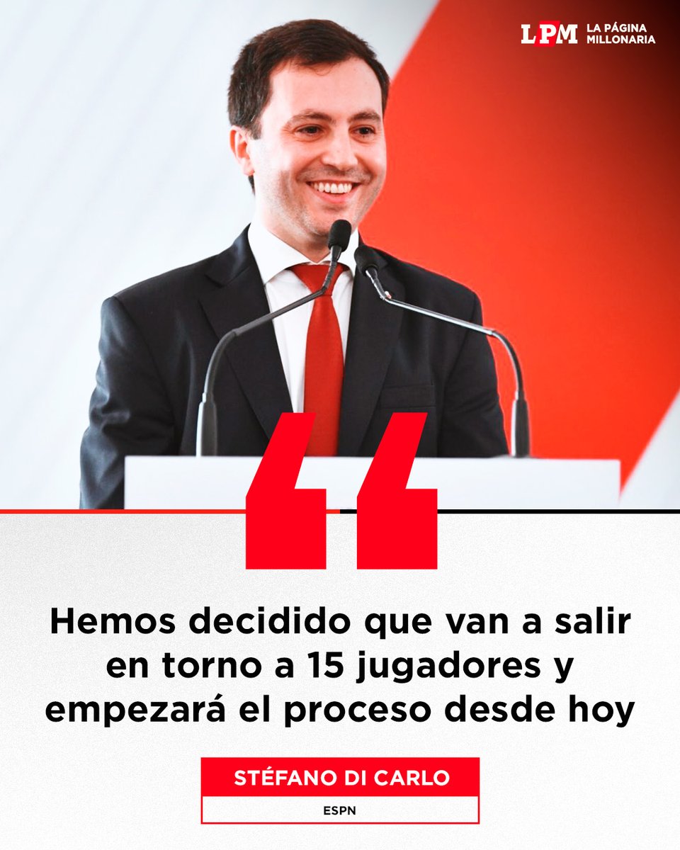 RiverLPM's tweet photo. "Vamos a ser muy agresivos en este mercado de pases. Tanto en ingresos como salidas. He instruido al director deportivo tras varias conversaciones que llevan tiempo y decisiones tomadas previo a la final con Enzo y la mesa. 

Hemos cambiado un formato que ha sido muy habitual en nosotros de esperar los procesos, cumplir los contratos. Ahora la lógica va a ser de gestionar la salida de esa cantidad. En algunos casos serán ventas de la mejor manera, en otros venderemos peor de lo que compramos y asumiremos una pérdida. En otros casos serán cesiones, muy pocas y puntales de juveniles, y en otros directamente les podemos dar el pase en su poder.

Va a tener que ocurrir muy rápido."

Stéfano Di Carlo, en ESPN 💬