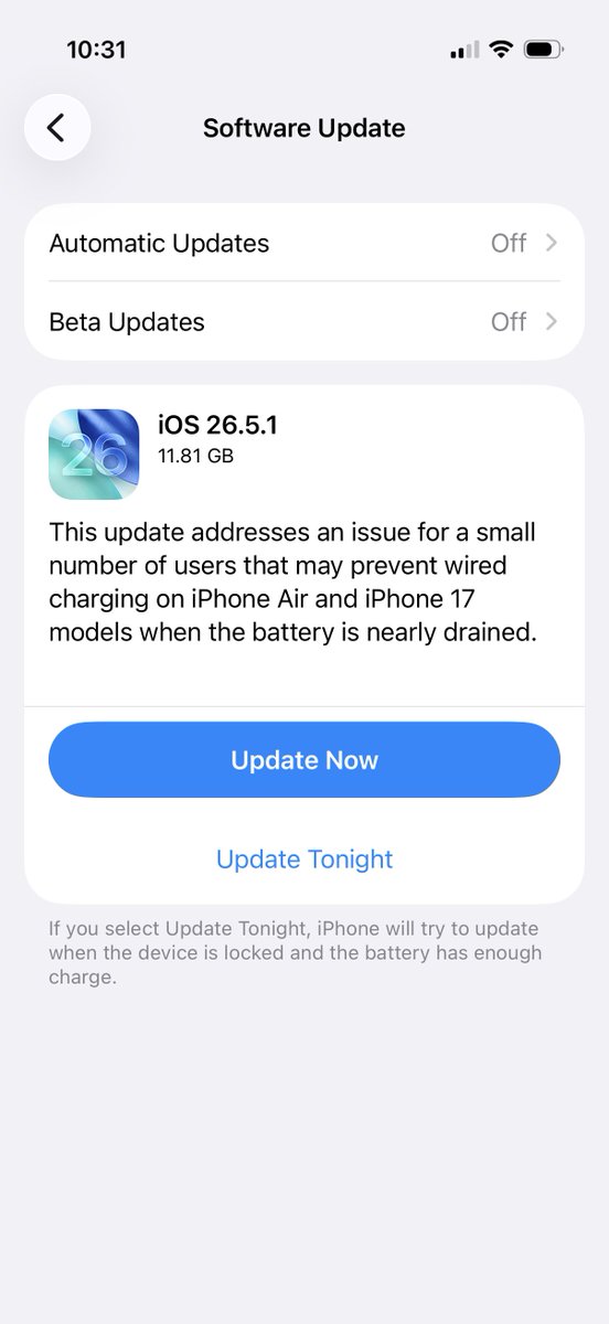 iTechExpert21's tweet photo. iOS 26.5.1 is out! The update is only for iPhone 17 series, which includes the 17e, 17, 17 Pro, 17 Pro Max, and Air. https://t.co/zVlNlh4TMh