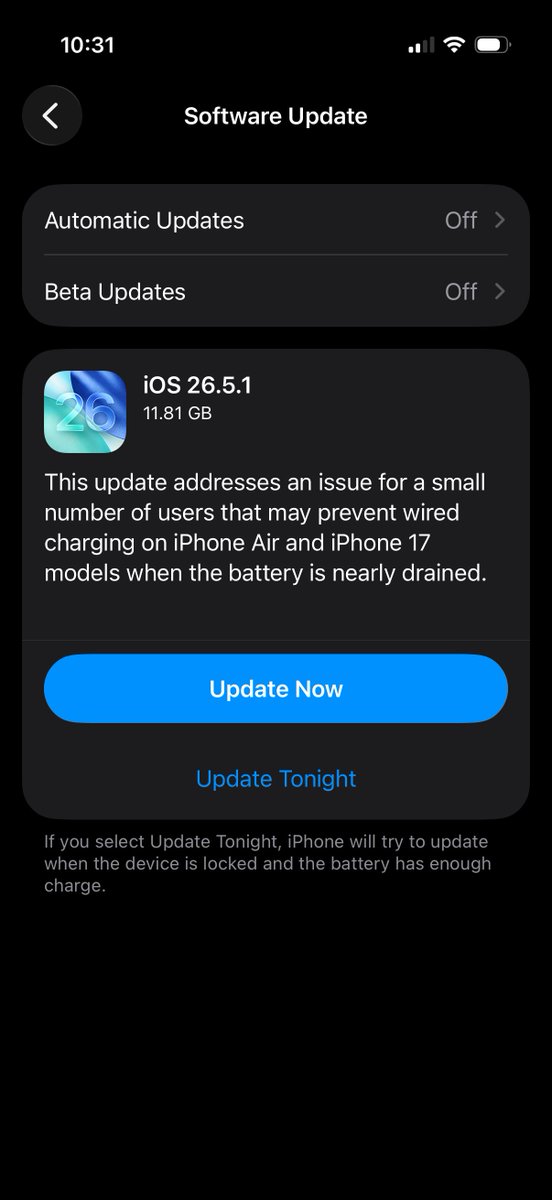 iTechExpert21's tweet photo. iOS 26.5.1 is out! The update is only for iPhone 17 series, which includes the 17e, 17, 17 Pro, 17 Pro Max, and Air. https://t.co/zVlNlh4TMh