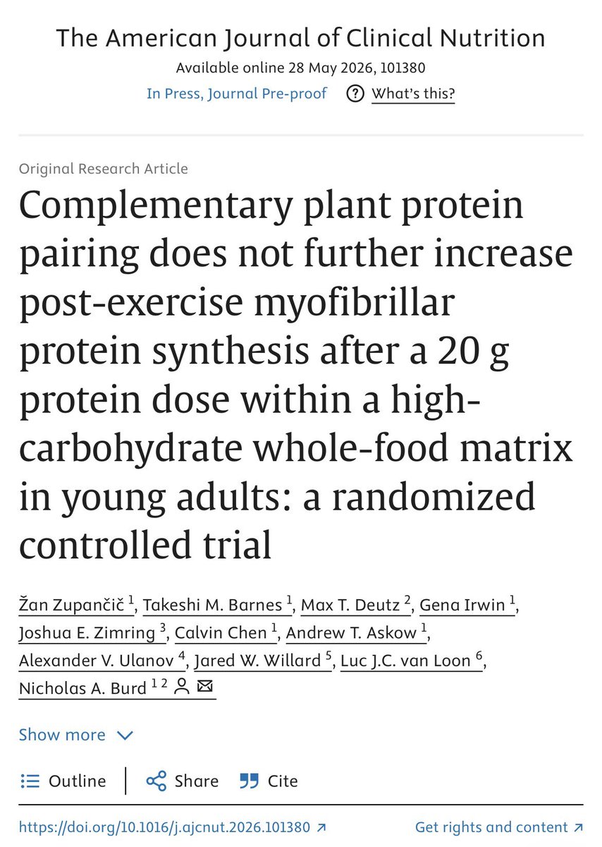DelRealMartin2's tweet photo. Complementary plant protein pairing does not further increase post-exercise myofibrillar protein synthesis after a 20 g protein dose within a high-carbohydrate whole-food matrix in young adults: a randomized controlled trial

https://t.co/ASqulh5DHj https://t.co/8h8AopCwFa