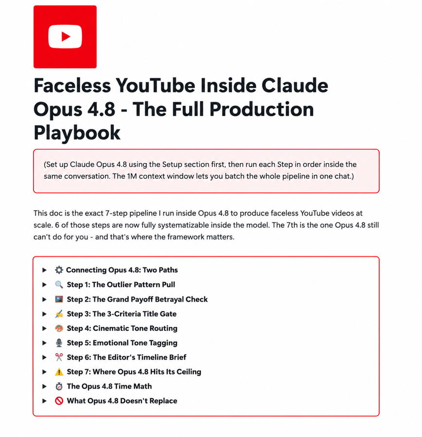 fyreinteractive's tweet photo. claude opus 4.8 dropped 4 days ago and the faceless youtube industry will NEVER be the same.....

10x better outputs. 
NexLev + ElevenLabs MCPs
longer tasks with 0 hallucination. 

so i've decided to document the ENTIRE production playbook inside opus 4.8...

covering the 8 prompts that handle research, SEO, thumbnails, titles, visuals, scripts, voiceover, and editing in SECONDS inside claude code

all backed by 7,000+ faceless youtube videos engineered across 50+ niches, 150M+ views and $5M+ generated

like + comment "YT" and i'll send it over

(must be following + RT for priority access)