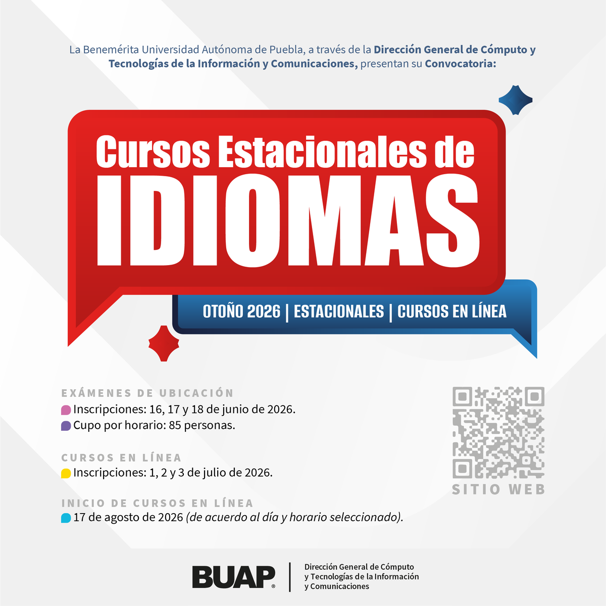 TvredBUAP's tweet photo. Cursos Estacionales de Idiomas Otoño 2026
https://t.co/YAhltwp0fe https://t.co/LU0wZTeWAs